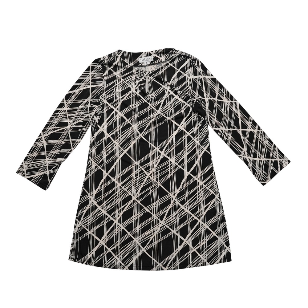Iolani Tunic Top Womens Small Black White Abstract Geometric Keyhole 3/4 Sleeve